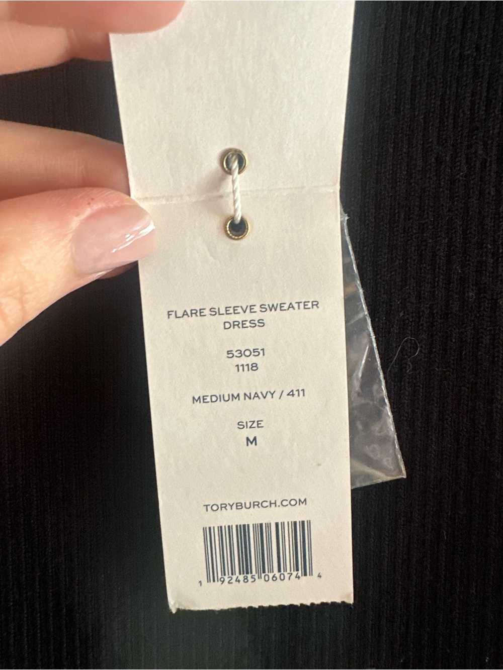NWT Tory Burch | Navy Long-Sleeve Bell Knit Dress with Shoulder Buttons - Picture 6 of 11